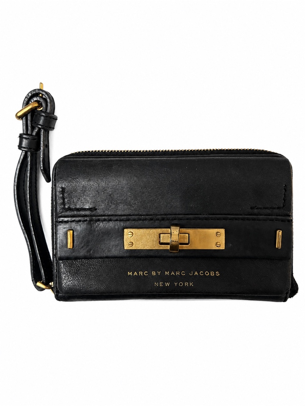 Marc by Marc Jacobs Black Lamb Leather Zip Around Turn Lock Wristlet Wallet
